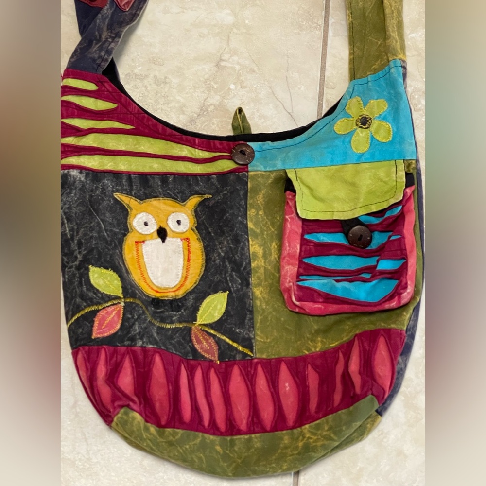 Owl Hippie Boho Festival Crossbody Hobo Purse Tote Bag Nepal Embroidered